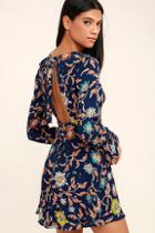 Lulus Open Country Navy Blue Floral Print Long Sleeve Dress