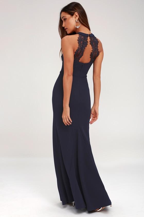 Joella Navy Blue Lace Halter Maxi Dress | Lulus