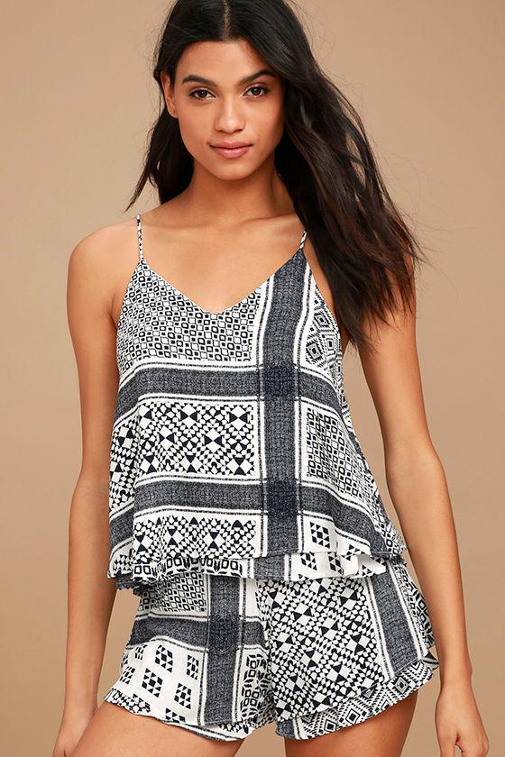 Lulus | Energetic Blue And White Print Crop Top | Size Large | 100% Polyester