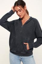 Z Supply Half Zip Washed Black Fleece Pullover Hoodie | Lulus