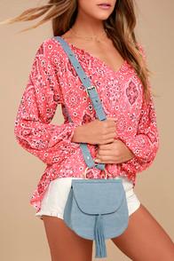 Lulus Tamela Light Blue Suede Leather And Denim Purse
