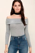 Lulus Sure And Certain Heather Grey Off-the-shoulder Sweater Top