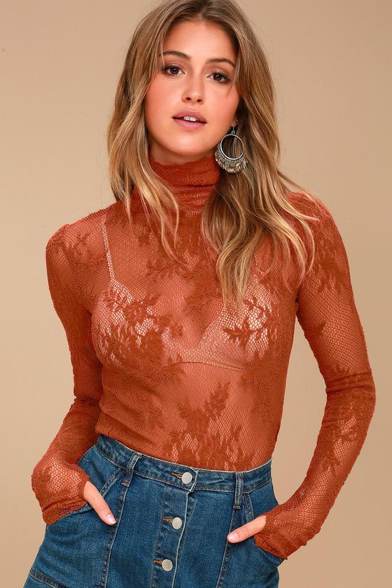 Free People | Sweet Secrets Rust Orange Lace Turtleneck Top | Size Large | Lulus