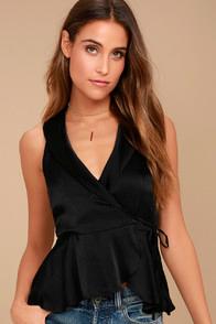 Free People Suit Up Black Satin Wrap Top
