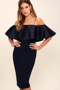 Elliatt Impressionist Navy Blue Off-the-shoulder Midi Dress
