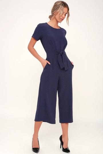 Lulus X Lush Main Thing Navy Blue Tie-front Short Sleeve Culotte Jumpsuit | Lulus