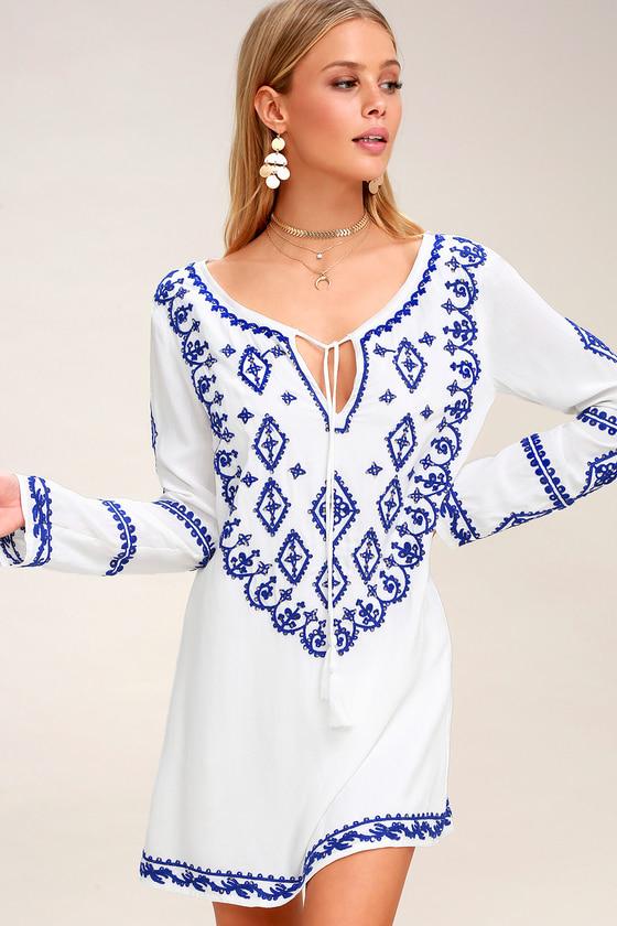 A Day In The Life Royal Blue And White Embroidered Dress | Lulus
