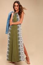 O'neill Brinkley Olive Green Print Maxi Dress