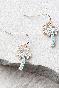 Lulus Palms Of Paradise Blue And Gold Rhinestone Earrings