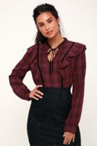 Lush Here For You Burgundy Plaid Ruffled Long Sleeve Top | Lulus