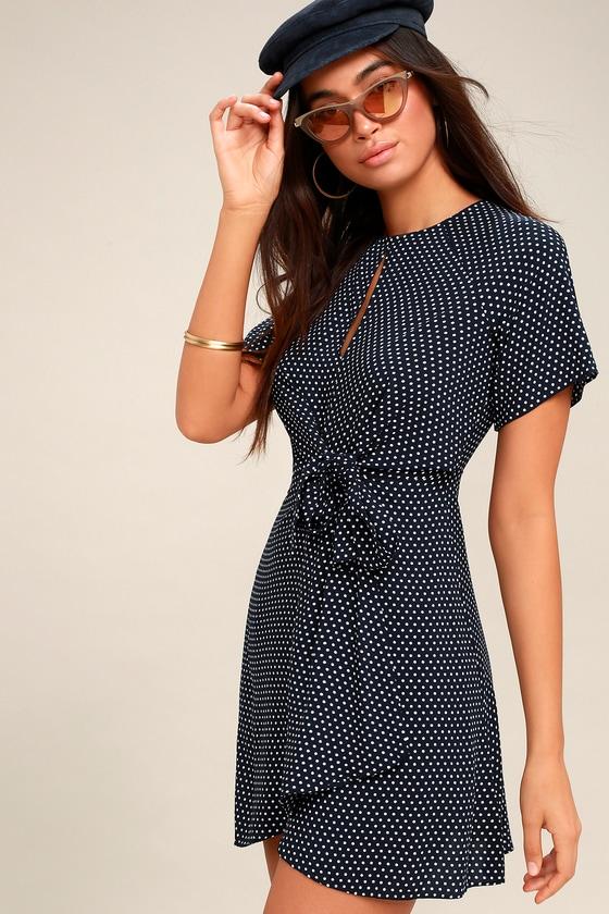 Darling Details Navy Blue Polka Dot Knotted Wrap Dress | Lulus