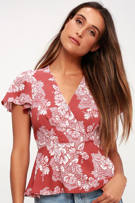 As Time Grows By Rusty Rose Floral Print Peplum Wrap Top | Lulus
