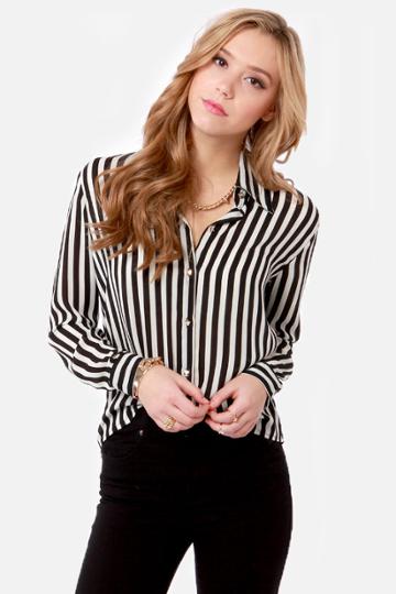 Little White Lines Black And White Striped Top