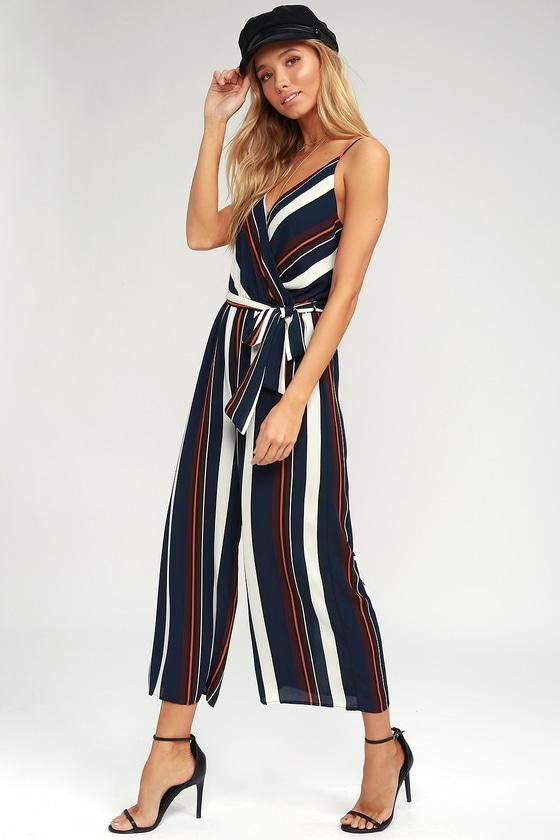 Seaside Vibes Navy Blue Striped Culotte Jumpsuit | Lulus