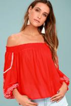Lush Wildflower Whisper Red Embroidered Off-the-shoulder Top