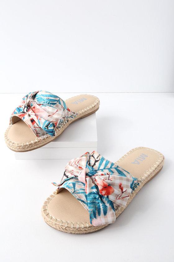 Mia Brenda Natural Floral Gingham Print Espadrille Slides | Lulus
