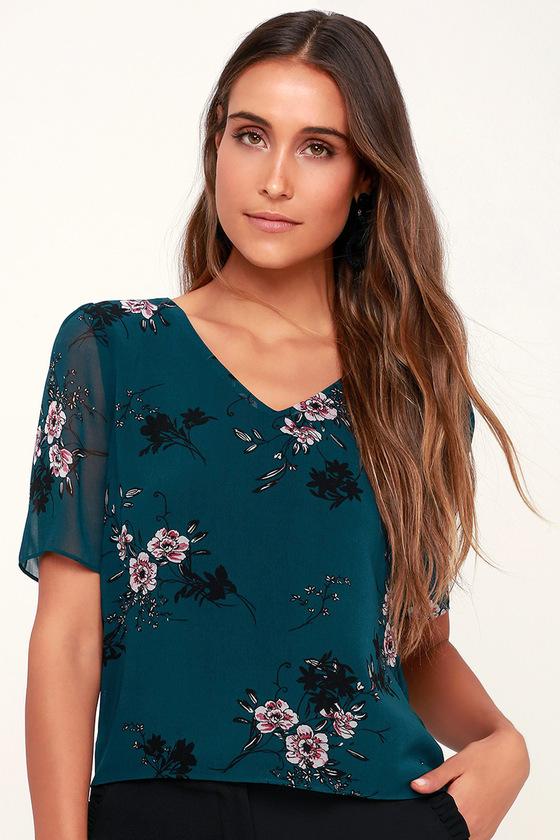 La Flor Teal Green Floral Print Short Sleeve Top | Lulus