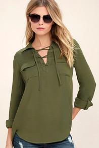 Jack By Bb Dakota Nutmeg Olive Green Lace-up Top