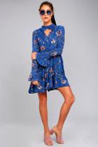 New You Royal Blue Floral Print Lace Long Sleeve Swing Dress | Lulus