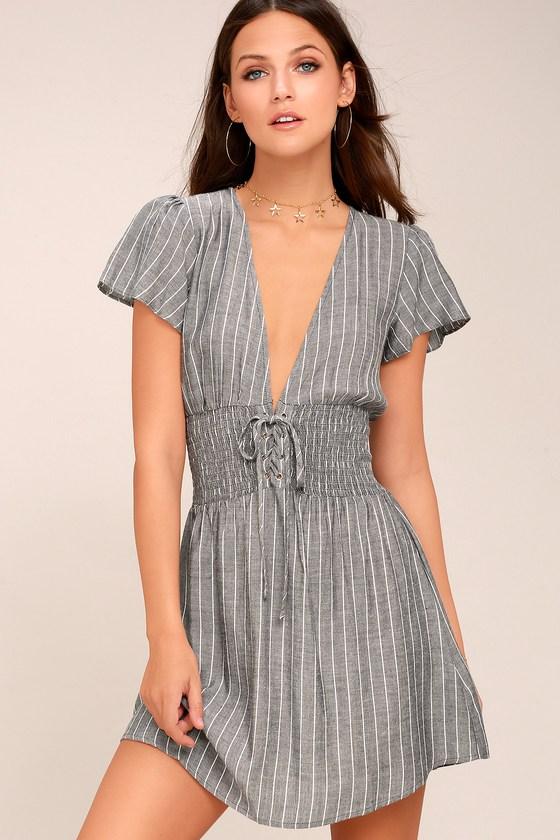 Lulus | Ahoy Grey Striped Lace-up Dress | Size Large | 100% Rayon