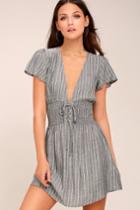 Lulus | Ahoy Grey Striped Lace-up Dress | Size Large | 100% Rayon