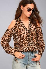 Rd Style Animal Instincts Sheer Leopard Print Cold-shoulder Top