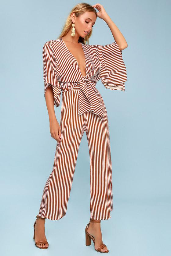 Faithfull The Brand Tilos Rust Red Striped Tie-front Jumpsuit | Lulus
