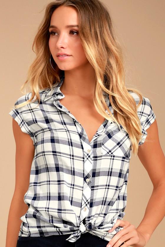 Ppla | Flint Navy Blue Plaid Button-up Top | Size Large | 100% Rayon | Lulus