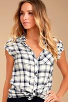 Ppla | Flint Navy Blue Plaid Button-up Top | Size Large | 100% Rayon | Lulus