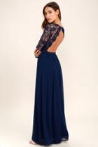 Lulus | Awaken My Love Navy Blue Long Sleeve Lace Maxi Dress | Size X-small | 100% Polyester