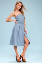 J.o.a. Barton Light Wash Strapless Denim Midi Dress | Lulus