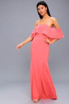 Lulus | All My Heart Coral Pink Off-the-shoulder Maxi Dress