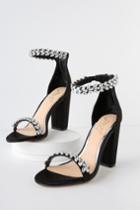 Jewel By Badgley Mischka Mayra Black Satin Rhinestone Ankle Strap Heels | Lulus