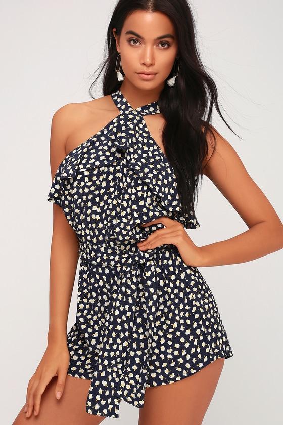 Faithfull The Brand Gaia Navy Blue Floral Print Halter Romper | Lulus