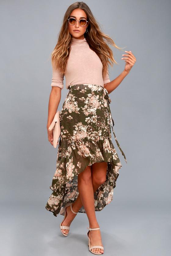 On The Road | Tiffany Olive Green Floral Print High-low Wrap Skirt | Size X-small | 100% Polyester | Lulus