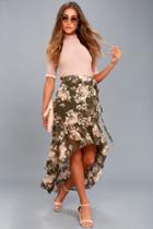 On The Road | Tiffany Olive Green Floral Print High-low Wrap Skirt | Size X-small | 100% Polyester | Lulus