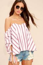 Lulus | Someone Special Red And White Striped Off-the-shoulder Top | Size Large | 100% Cotton