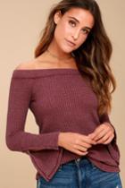 Others Follow | Down Time Washed Burgundy Off-the-shoulder Top | Size Large | Purple | Lulus