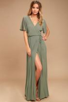 Lulus Much Obliged Washed Olive Green Wrap Maxi Dress