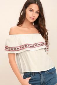 Lulus Hold Me Close White Embroidered Off-the-shoulder Top