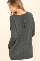 Love Riche Cozy Time Charcoal Grey Lace-up Sweater