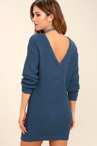 Lulus Bringing Sexy Back Denim Blue Backless Sweater Dress