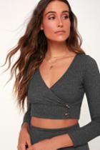 Raise Your Voice Charcoal Grey Ribbed Long Sleeve Crop Top | Lulus