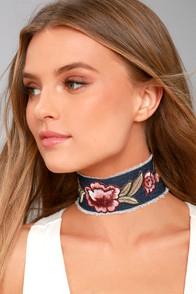 Lulus Floral Days Dark Denim Embroidered Choker