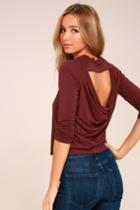 Lulus | Just The Essentials Burgundy Backless Long Sleeve Top | Size Large | Purple