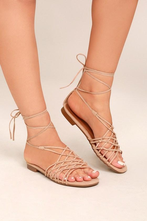 Machi | Nisse Nude Suede Lace-up Sandal Heels | Size 5.5 | Beige | Vegan Friendly | Lulus