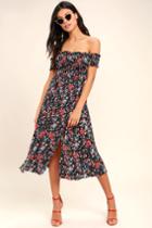 Lulus | View From The Meadow Black Floral Print Off-the-shoulder Dress | Size Medium | 100% Rayon