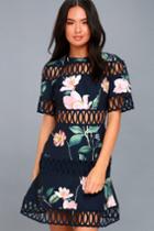 Keepsake | Whispers Navy Blue Floral Print Skater Dress | Size X-small | 100% Polyester | Lulus
