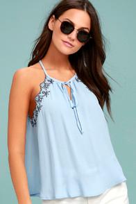 Lush Neighborly Light Blue Embroidered Sleeveless Top