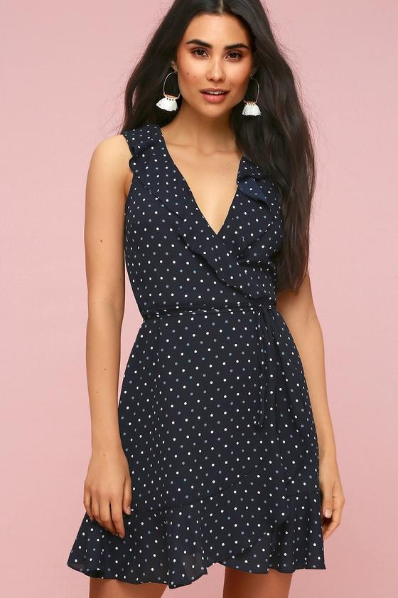 Nightlife Navy Blue Polka Dot Wrap Dress | Lulus